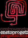 Logo Centro Veneto Progetti Donna: un labirinto di righe rosse e sotto la dicitura dell'associazione