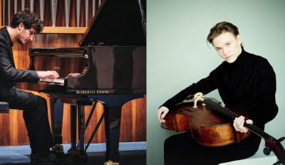 Zeller con in mano il violoncello e Masi mentre suona il pianoforte