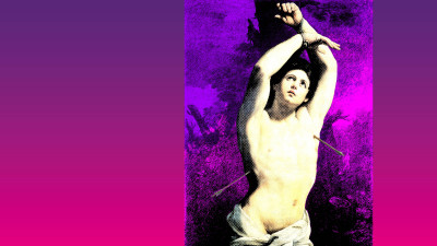 Serigrafia di San Sebastiano trafitto dalle frecce su sfondo magenta