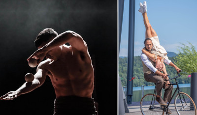 Foto drammatica di Costantini che fa il giocoliere affiancata alla foto del Duo Kaos in un'acrobazia su bicicletta