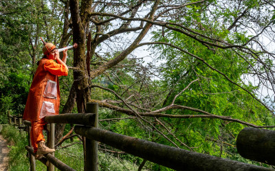 Un attore in un vestito di arancione brillante tende l'orecchio in mezzo al bosco